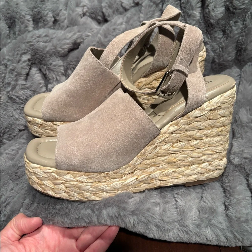 Marc Fisher Suede Taupe Sandals with ankle strap and rafia wedge